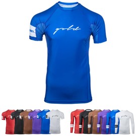 Gold BJJ Foundation Rash Guard - Ranked No-Gi and Gi Jiu Jitsu Rashguard (Short Sleeve, Blue, L)