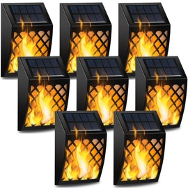 Dynaming Solar Flame Wall Lights Outdoor, 8 Pack Solar Powered Wall Lights, Flickering Flame Auto On/Off Wall Mounted Fence Deck Lights Lattice Decorative for Garage Garden Pathway Patio Porch Yard