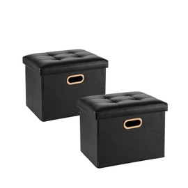 CSTOUTHOM 2 Pack Folding Storage Ottoman, 16 inch PU Leather Small Ottoman with Storage Foldable, Set of 2 Faux Leather Foot Stool Support 260lbs for Living Room, Bedroom, Hallway, Black
