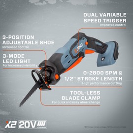 SENIX PSRX2-M1-0 X2 20 Volt Max* 1/2-Inch Compact Reciprocating Saw Power Tool, Variable Speed, 2800 SPM Max, Tool-Less Blade Clamp, 3-Mode LED Light, Tool Only, Battery Not Included