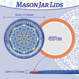 48 Pcs Regular Mouth Canning Lids 70MM for Mason Jars, Leakproof Button-Free Canning Jar Lids for Food, Jam, Fruits & DIY Decor, Blue Pattern Style