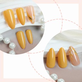 BABALAL Press on nails Almond Medium Fake Nails Yellow Nails Glue-on, Acrylic Nails Art 24Pcs False Nails with Gold Glitter Bling Nails Supplies Diy Manicure Nails for Women Stiletto Nails Decoration