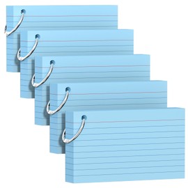 250 Count Blue Index Cards 3x5 Inch with Key Ring, Color Flash Index Card (50 Sheets Each), Durable & Portable Note Taking for Students, Teachers, Study Note Cards for Office, Home School