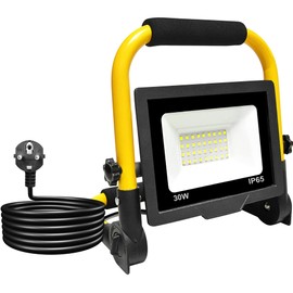 LED Construction Spotlight 30 W, 3000 LM, LED Work Light with Plug 3 m, Construction Spotlight, Waterproof IP65, White 360º Rotating Lighting 6000 K for Outdoors, Workshop Work, Garage