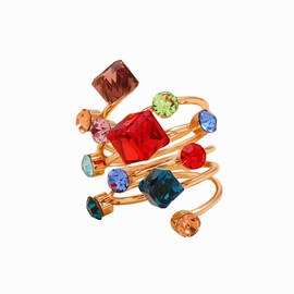Layered Rhinestone Statement Ring for Women Girls Gold Plated Fashion Round Cube Crystal Adjustable Wide Wrap Finger Spring Rings Shiny Act Deco Xmas Wedding Party Jewelry Gift Size 7-8 (Colorful CZ)