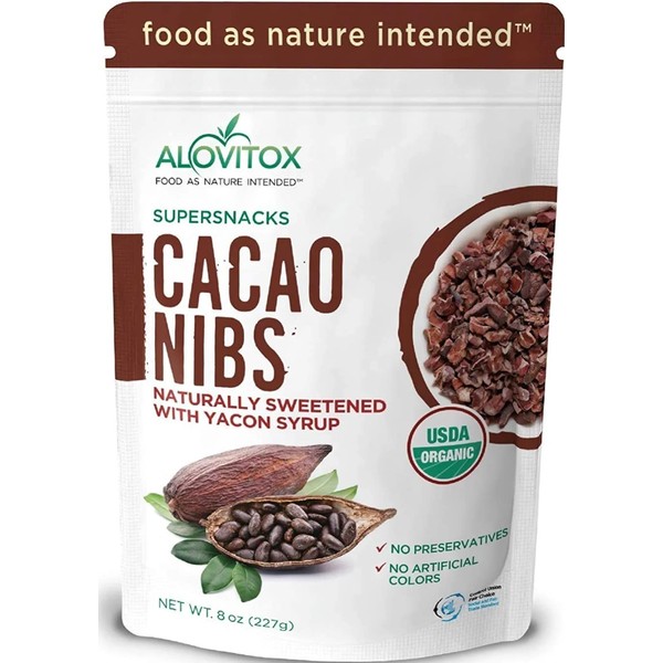 Puntas de cacao endulzadas con jarabe de yacón, edulcorante natural (cero azúcar) – orgánico certificado por Alovitox 8 onzas