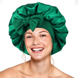 Gorro de Seda para Dormir，capó ajustable de satén，Banda Elástica Ancha，Gorro de Noche para Cabello Rizado,Ideal para Dormir,Ducha y Belleza (verde)