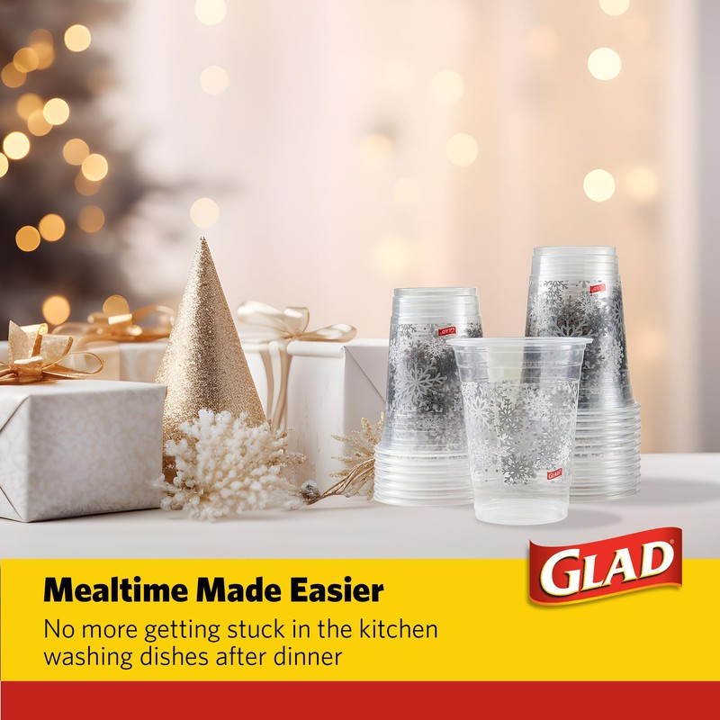Glad Everyday Clear Plastic Cups, Holiday Grey Snowflake Design -