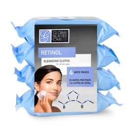 Global Beauty Care Retinol Cleansing Facial Towelettes, Makeup Remover Wipes, Nourishing Face & Eye Hypoallergenic, Paraben-Free, Non-Comedogenic, Hydrates & Smooths Skin 30 Wipes, 120 Count 4 Pack