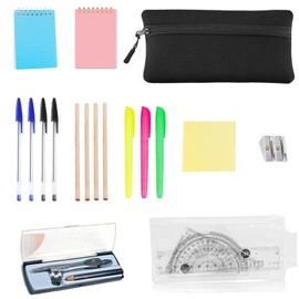 19 PCS Stationary Sets, Back to School Stationery Set, Exam Stationery Set, Ballpoint Pens, Pencils, Highlighters,Post Notes, Eraser & Sharpener, Compass, Pencil Case for Office, Home or School