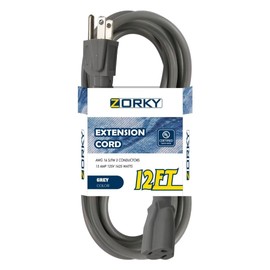 Zorky 12ft Outdoor Extension Cord for Christmas Decorations - 16/3 Heavy Duty SJTW Waterproof Gray Electrical Cable with 3 Prong Grounded Plug for Safety, Great for Lawn and Major Appliances