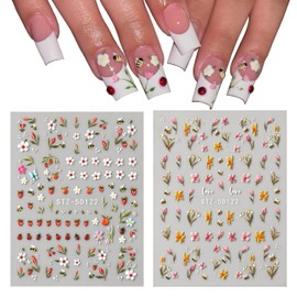 Summer Nail Stickers 5D Decals Self-Adhesive Spring Ladybug Bee Strawberry Flower for Nails Art Manicure Accessories for Women DIY Cute Decorations