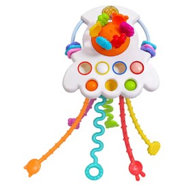 Yummy Baby Montessori Sensory Toy for Babies, Silicone Pull String Teething Toy, Perfect for Entertaining Baby While Developing Motor and Sensory Skills (White Flying Saucer)