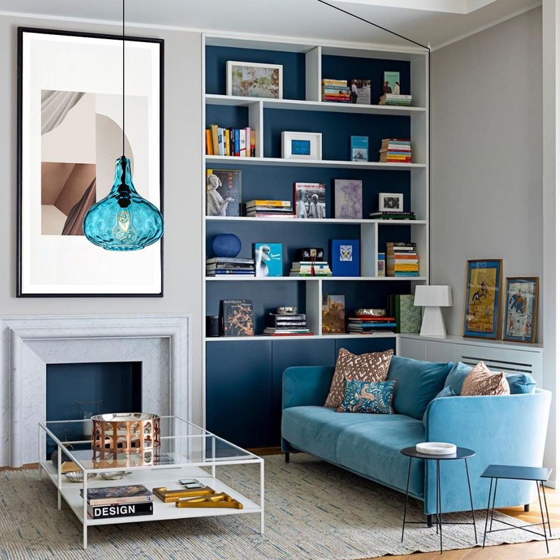 Qufute Mid-Century Modern Plug in Pendant Light Fixture,Blue Glass Pendant