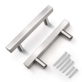 KNOBWELL Square Body Round Feet 5 Pack 76mm(3") Hole Center Square Kitchen Cabinet Handles Brushed Nickel Cabinet Pulls, Silver Drawer Pulls Dresser Pulls for Cupboard Closet Stainless Steel