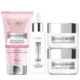 L'ORÉAL PARIS SKIN Kit Anti-Manchas Glycolic Bright: Sérum 30ml + Crema Día/Noche 50ml + Gel Limpiador 150ml