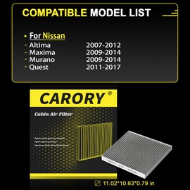 CARORY Cabin Air Filter w/Activated Carbon for 2007-2017 Nissan Altima, 2009-2014 Murano, 2009-2014 Maxima, 2011-2017 Quest, 27277-JA000, 27277-JA00A, 2008 2009 2010 2011 2012 2013 2014 2015 2016