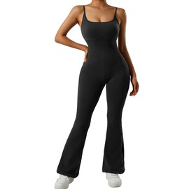 MOOSLOVER Women Ribbed One Piece Flare Jumpsuits Sleeveless Square Neck Tank Tops Rompers(S,Black)
