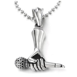 COOLSTEELANDBEYOND Mens Women Stainless Steel Hand Holding Microphone Pendant Necklace with 30 inches Ball Chain