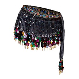 OhMill Women's Hip Scarf Sexy Belly Dance Scarf Sequins Dance Belt with Coins Glitter Performances Costume Tassels Belly Dance Belt for Latin Zumba Waist Chain Professional Wrap Dress Rave Wrap Waist