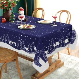 Yrendenge Christmas Tablecloth Blue White Tablecloth Washable Outdoor Tablecloth Rectangular Waterproof Cartoon Houses Tree Elk Tablecloth for Winter Holidays Home Decor 140 x 240 cm