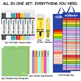 TECKWRAP HTV Heat Transfer Vinyl Bundle - 7 Rolls 7 Assorted 12" x 3FT PU HTV Vinyl with Storage Bag, Weeding Pen, Tweezers, Slap Bands, and Cutting Mat for DIY Projects