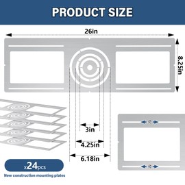 Tellegloww 24 Pcs New Construction Mounting Plate 3/4/6 Inch LED Recessed Lighting Kits Shallow Recessed Lighting Housing Flat Steel Rough in Bracket for LED Light Bar Fixture