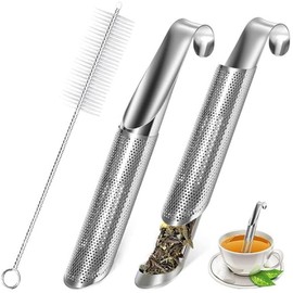 Jindizi Stainless Steel Stick Pipe Tea Steeper Strainer, with Cleaning Brush, Silver, 2 Pack