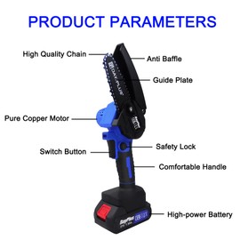 Cordless Chainsaw Mini Chainsaw with 2x 1500mAh Batteries and Charger, 4 Inch Handheld Chainsaw Cordless with 2 Chains, Portable Chainsaw For Home and Garden
