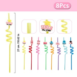 NIEITRK 8 Pcs Graduation Straws, Reusable Drinking Straws for Grad Party Colorful Reusable Straw Graduation Party Supplies Plastic Straw for Beverage Cocktail Coffee School Grad Decor