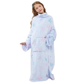 Viviland Wearable Fleece Blanket with Sleeves & Foot Pocket for Kids Lightweight Soft Blanket for Boys and Girls, 47" x 47" Inches