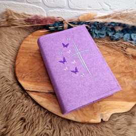 Gotteslob - Hülle aus Wollfilz - Kreuz - Schmetterlinge - flieder - Geschenk zur Kommunion, Geburt oder Taufe