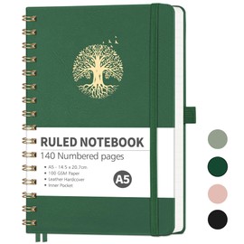 RETTACY A5 Notebook - Spiral College Ruled Notebook Journals for Women,140 Numbered Pages Note Pad with 100GSM Premium Paper for Writing Work,Inner Pocket,Pen Loop 14.5 x 20.7cm - DarkGreen