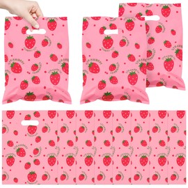 Large Strawberry Party Favors Bags, 50 Pcs Gifts Wrapping Bags with Handles, Pink Fruit Berry Plastic Goodie Bags, 25 x 35 cm Treats Bags for Girls Kids Birthday Party Wedding Supplies