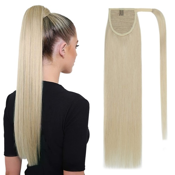 TESS Ponytail Extension Real Hair 55 cm Long 95 g Straight Wrapped Ponytail Hairpiece Real Hair Wrap Around for Women (55 cm-#60 White Blonde)