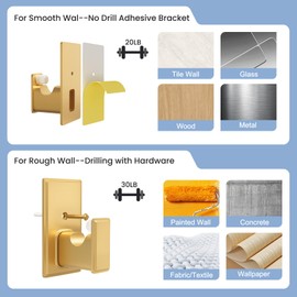 TKZTKZ No Drilling Curtain Rod Brackets:Self Adhesive Curtain Rod Holders for Rod 5/8" No Nail,Easy Peel and Stick Curtain Rod Hooks No Drill for Bathroom, Livingroom, Kitchen,Dorm,Door(Gold,2PCS)
