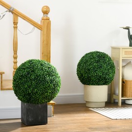 HOMCOM Set of 2 19.75 Inch Artificial Ball Boxwood Topiary Trees Balls, Indoor Outdoor Fake Plants for Home, Office & Living Room Decor