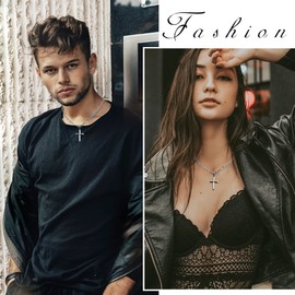 HAIAISO 925 Sterling Silver Cross Pendant Necklace with Stainless Steel Diamond-Cut Figaro Chain Delicate Highly Polished Beveled Edge Cross Pendant Necklace for Men Women 24 Inches