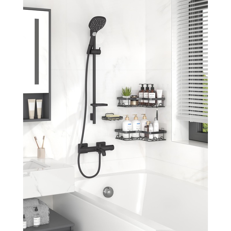 Sakugi Corner Shower Caddy, Large, 2-Pack, Soap Holder & Hooks,