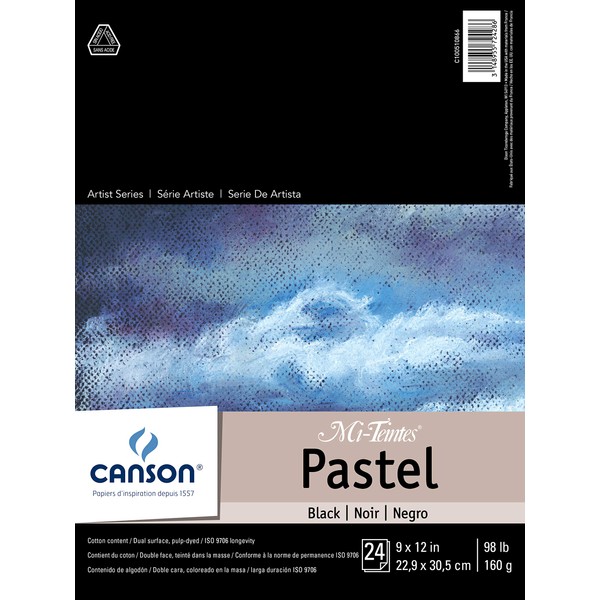 Canson Artist Series Mi-Teintes Pastel Paper, Black, Foldover Pad, 9x12 inches, 24 Sheets (98lb/160g) - Artist Paper for Adults and Students