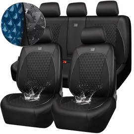 CAR PASS Leather Car Seat Covers Gel Wetsuit PU Full Set Seat Cover Waterproof EVA All Weather Neoprene Universal Fit Pickup SUV Truck Sedan Automotive, Armrest Airbag Compatible, Rhombic Silver Strip