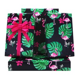 Summer Tropical Flamingo & Monstera Palm Leaves Hibiscus Black Gift Wrapping Paper-(28"x20" Per Sheet, 4-Sheets, 1-Design: 15 sq. ft. ttl), With 2m length Hot Pink Ribbon for Safari Jungle Luau Hawaiian Party Decoration