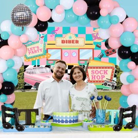 50's Theme Party Decorations Sock Hop - 50s Party Decorations for Adults Music Themed Party with Music Note Balloons, Disco Ball Balloons Decorations, Unique Design 50s Backdrop for Birthday Decor