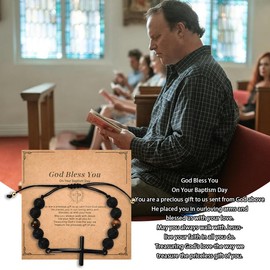 Baptism Gift Bracelet for Men Christening Gifts for Grandson Godson Christian Baptism Bracelet Male Religious Gifts for Nephew Cross Bracelet for Baptism Catholic Rosary Bead Bracelet Baptism Keepsake