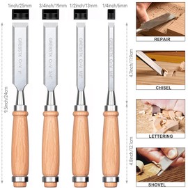 GREBSTK 4 Pcs Wood Chisel Set, CRV Steel Bevel Sharp Edge Bench Chisels with Safety Caps, Comfortful Beech Handle, for Woodworking and DIY Projects, 9.5"x(1/4", 1/2", 3/4", 1")