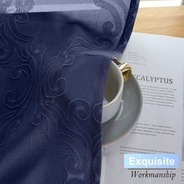 Aiyufeng Sheer Curtains 54 Inch Length, Light Filtering 3D Floral Clip Jacquard Textured Navy Blue Curtains with Dual Rod Pocket for Bedroom Living Room Window, 54 Width by 54 Length, 2 Panels