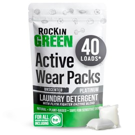Rockin' Green Laundry Detergent Pods, Plant-based, All Natural, Vegan & Biodegradable Odor Fighter, Safe for Sensitive Skin (Unscented, Active Wear 40 Pods)