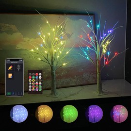 2pack 2FT Smart LED Lighted Birch Tree, Artificial Tree with APP/Remote, Timing, Color Changing, Group Control, Music Sync, Inside Artificial Branch Tree for Christmas Home Decor Tabletop Tree