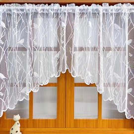 QIDHJH White Lace Valance Curtains Floral Birds Sheer Country Floral Cafe for Kitchen Living Room Bedroom Decor, 1 Panel, 59 in. Wide x 35 in. Long
