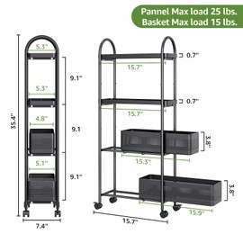 KINGRACK 4-Tier Slim Storage Cart with Pull Out Basket, Rolling Bathroom Organizer Utility, Metal Shelving Unit Slide Out, Lockable Wheels, Easy Assembly for Narrow Place, Kitchen, Laundry Room, Black